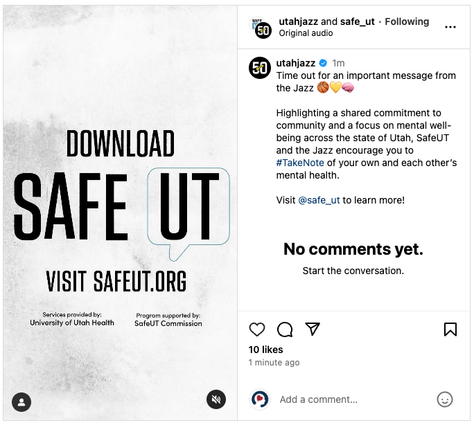 Instagram post of SafeUT Utah Jazz Take Note PSA