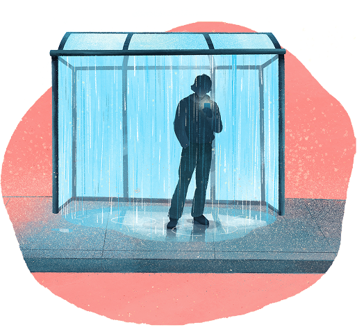 Clip art of person on phone standing at a bus stop.