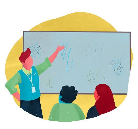 Clip art of a teacher in front of chalk board at shool.