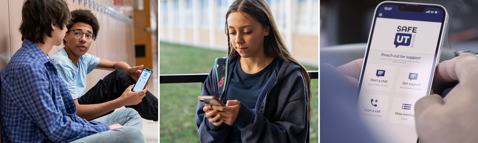 Collage of images of high school students using the SafeUT app