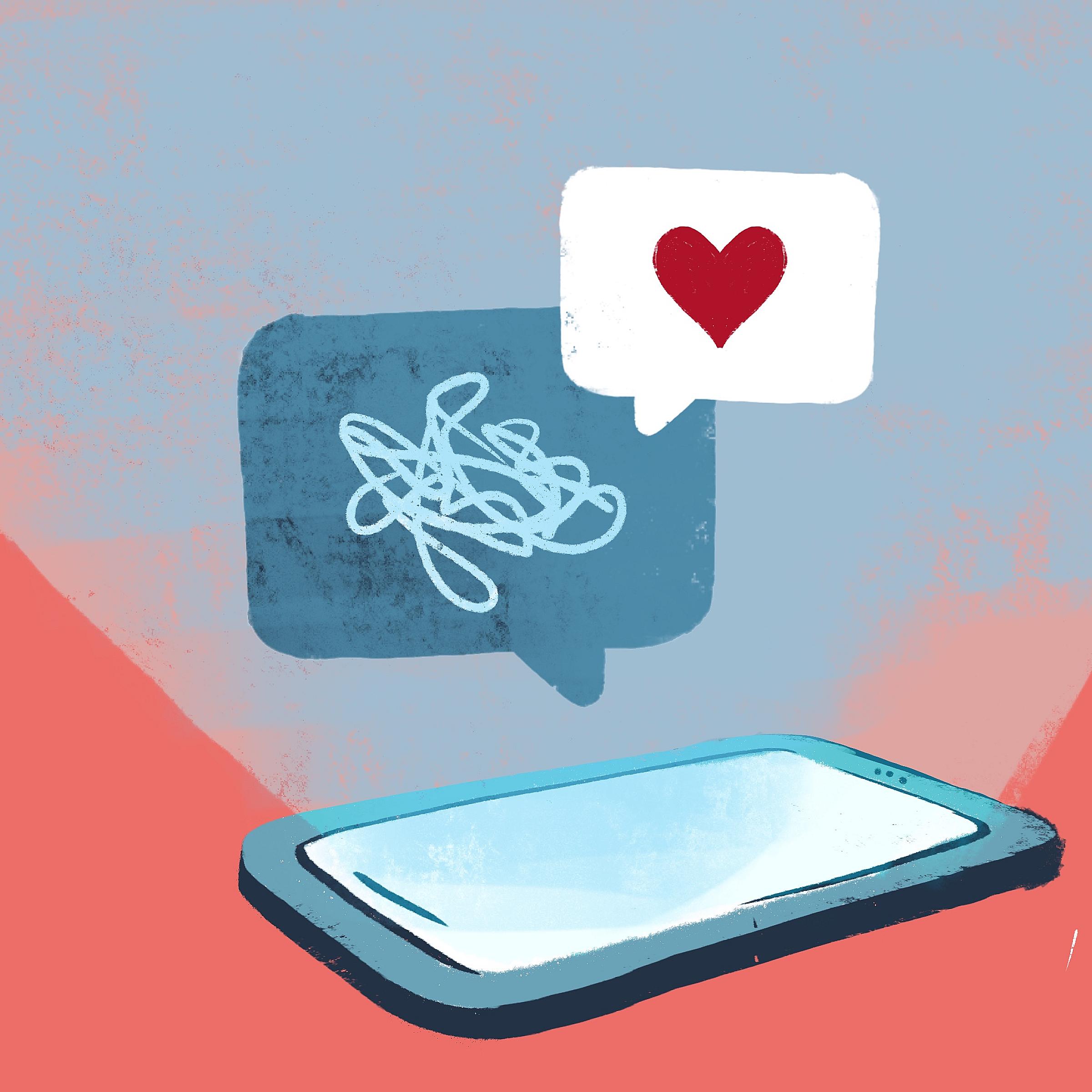 Illustration of cell phone with crisis chat bubble and heart bubble