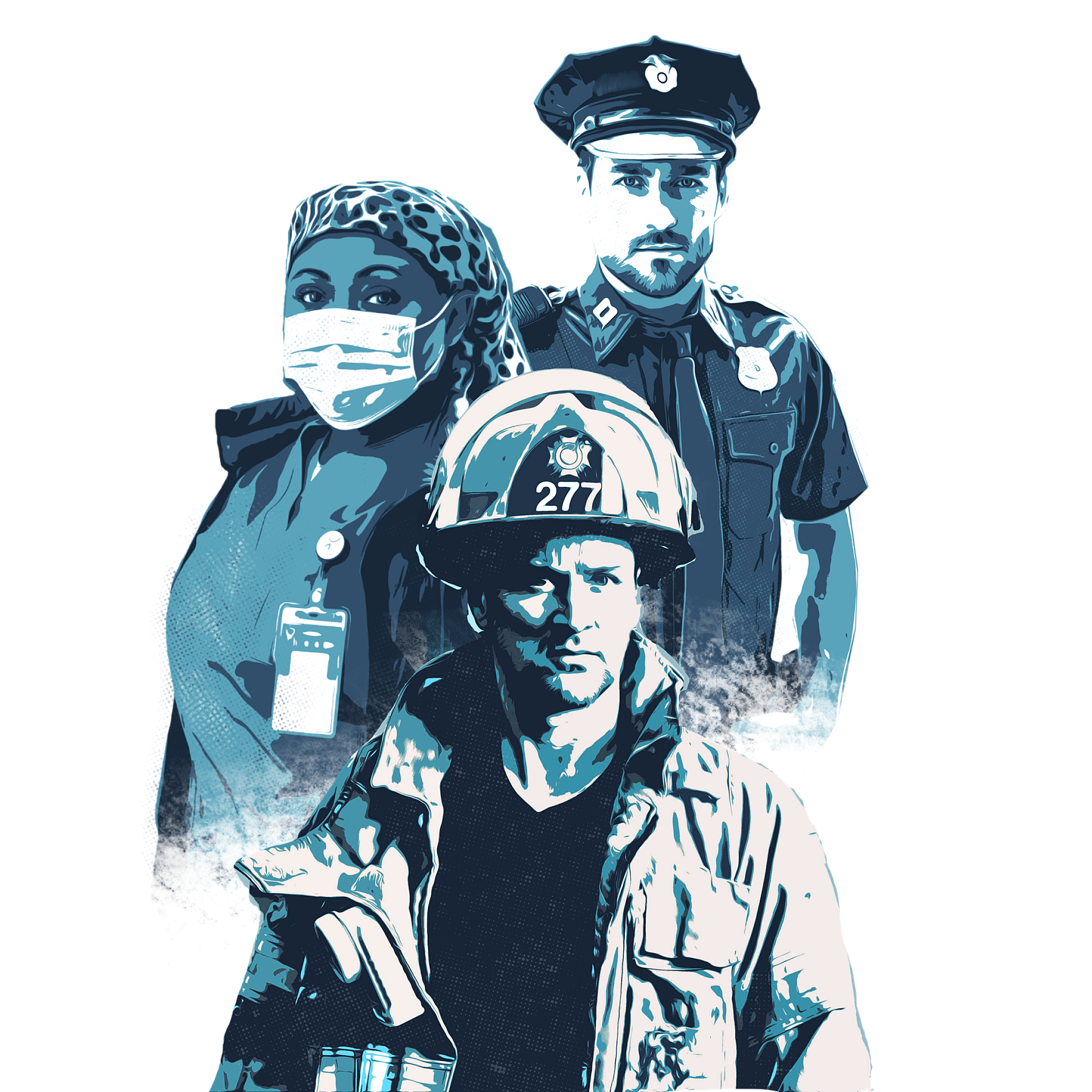 Graphic collage of frontline workers